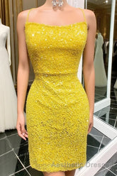 Yellow Sequins Backless Short Homecoming Dresses